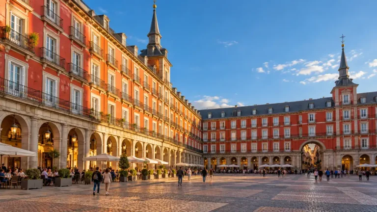 Home 27 AI-generated Madrid plaza scene with red historic facades, stone arcades, outdoor cafés and evening walkers.