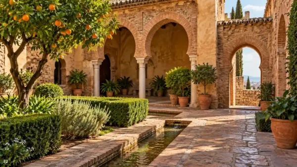 Travel to Malaga, Spain: How to Plan Your First Trip 9 Warm stone arches, greenery and a narrow water channel in a courtyard representing Malaga's Alcazaba.