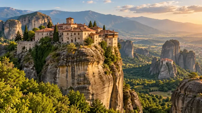 Stone monasteries with terracotta roofs stand on towering rock pillars above a green valley in Meteora, Greece.