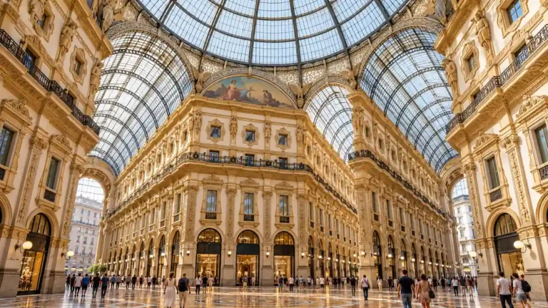 Visitors walk beneath the glass dome and ornate galleries of Galleria Vittorio Emanuele II in Milan.