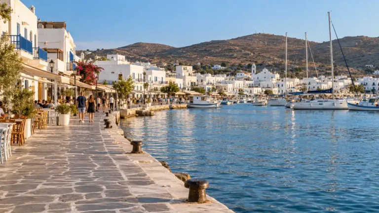 Where to Stay in Milos for First-Time Visitors: Base in Adamas 7 Waterfront cafes, white buildings and moored boats beside a stone promenade in Adamas, Milos.