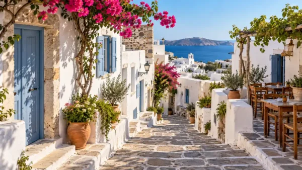 Where to Stay in Milos: Adamas, Pollonia or Plaka? 12 Stone steps between whitewashed houses, pale blue doors and flowering bougainvillea in Plaka, Milos.
