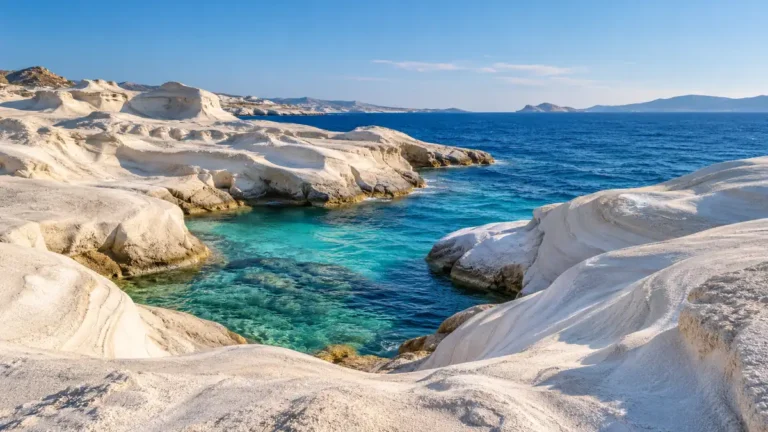 Smooth white volcanic rock ledges surround a clear turquoise inlet at Sarakiniko, Milos, opening onto the blue sea.