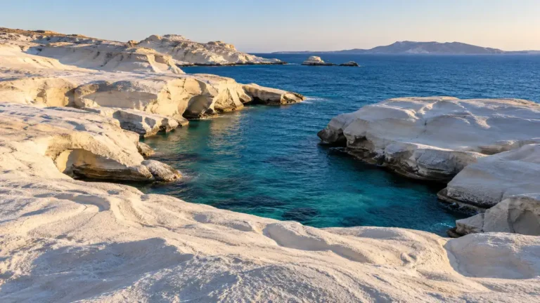 Milos Tips: Plan Around the Wind and Avoid First-Trip Mistakes 8 Pale sculpted volcanic rock surrounding a blue-green sea inlet at Sarakiniko on Milos.