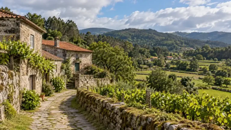 Travel to Minho, Portugal: Where to Base, Car or Train 8 Granite village houses with terracotta roofs above green fields and wooded hills in northern Portugal