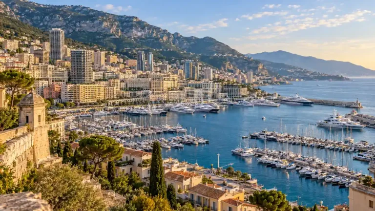 Home 18 White yachts fill Monaco’s Port Hercule below hillside buildings, with the Mediterranean and mountains beyond.