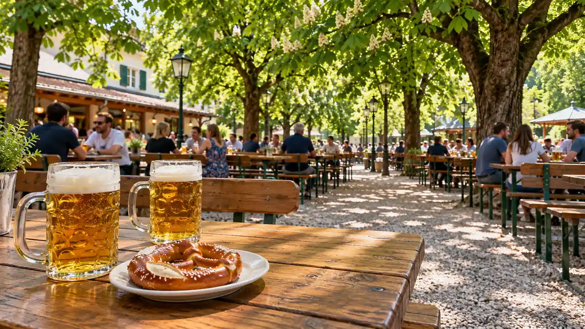 Wooden tables and benches sit beneath leafy chestnut trees in a Munich beer garden, with beer mugs and a pretzel on a foreground table.