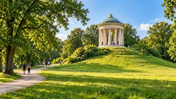 Munich Itinerary: 3 Days, One Base and a Castle Day Trip 10 The circular Monopteros pavilion stands on a grassy hill above sunlit lawns and leafy trees in Munich's English Garden.