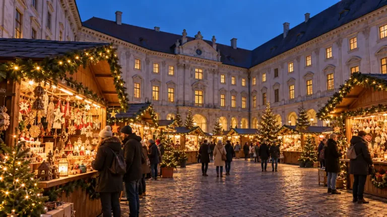 Munich Christmas Markets: Which to Visit and in What Order 8 Illuminated wooden Christmas huts and evergreen decorations fill a courtyard framed by the pale facades of Munich's Residenz.