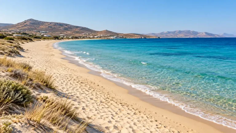 A long sandy shore and low dunes beside clear blue water at Plaka Beach, Naxos