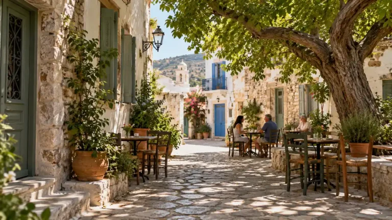 Small cafe tables under a leafy tree beside pale village houses in Halki, Naxos