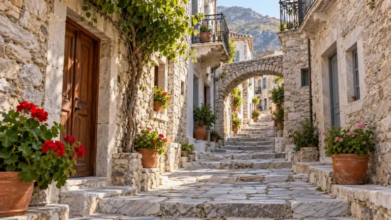 Marble-paved stepped lane between stone village houses in Apeiranthos, Naxos