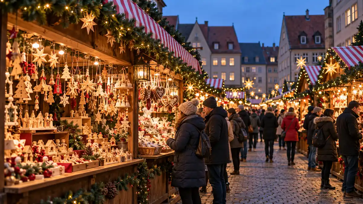 Warmly lit wooden Christmas stalls with red-and-white striped awnings line a lane in Nuremberg as visitors browse at dusk.