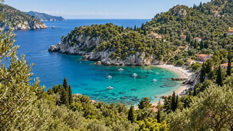 Paleokastritsa, Corfu: Should You Stay There, and Where? 8 Small boats in a turquoise bay below wooded limestone headlands and hillside houses in Paleokastritsa, Corfu.