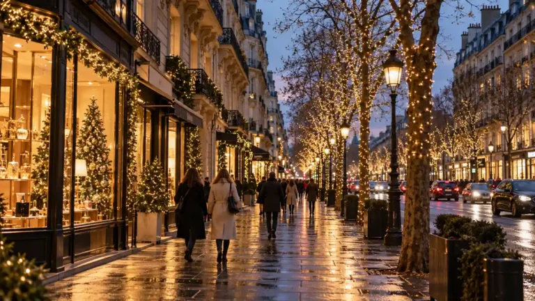Home 6 Christmas lights on bare trees beside elegant Parisian facades and glowing shop windows at dusk