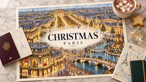 Illustrated Paris map with the Eiffel Tower, Arc de Triomphe and festive avenues, beside a passport, hot chocolate, biscuit, bauble, route card and notebook.