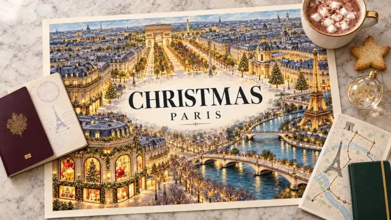 Home 6 Illustrated Paris map with the Eiffel Tower, Arc de Triomphe and festive avenues, beside a passport, hot chocolate, biscuit, bauble, route card and notebook.