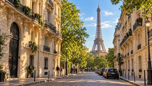 Eiffel Tower framed by Parisian stone facades, wrought-iron balconies and leafy street trees