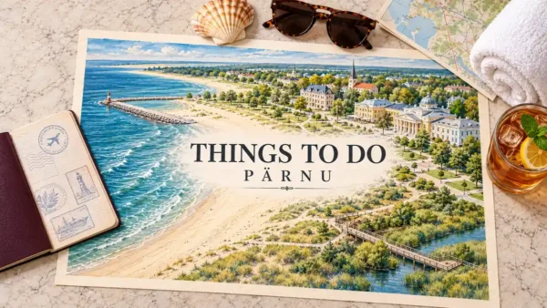 Things to Do in Pärnu: Beach, Old Town, Spa or Nature? 10 Watercolor Parnu coast map with sandy beach, stone jetty, wooden villas and spa building, framed by a passport, shell, sunglasses, map, towel and iced tea.