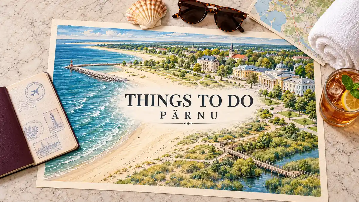 Things to Do in Pärnu: Beach, Old Town, Spa or Nature? 2 Watercolor Parnu coast map with sandy beach, stone jetty, wooden villas and spa building, framed by a passport, shell, sunglasses, map, towel and iced tea.