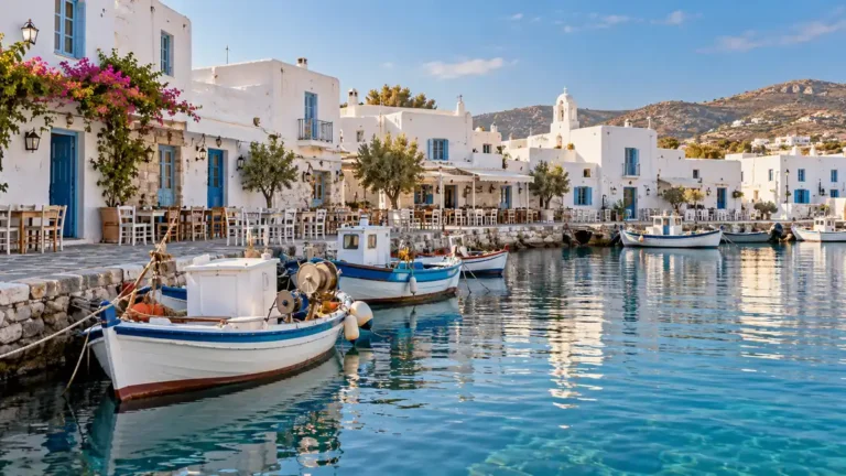 Fishing boats beside whitewashed waterfront buildings in Naoussa, Paros