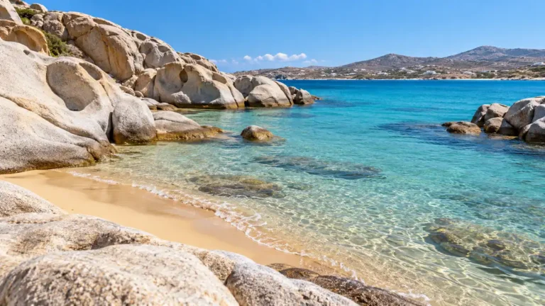 Smooth granite boulders frame a small sandy cove and clear turquoise water at Kolymbithres, Paros