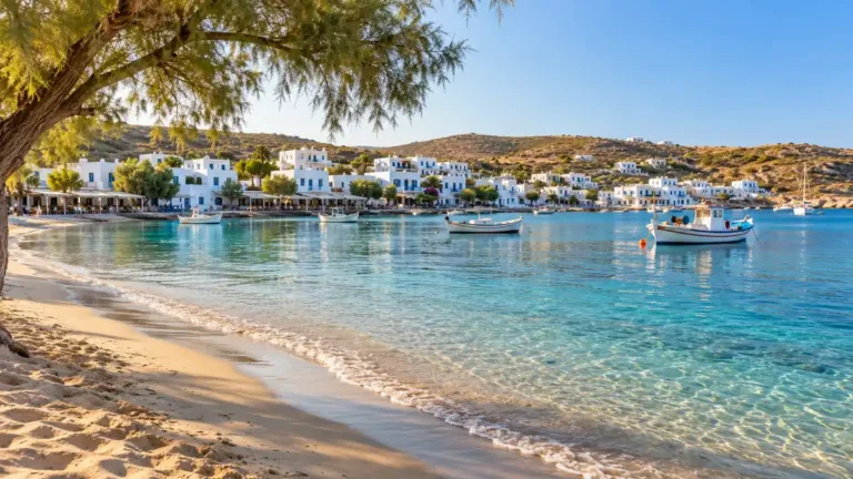 Pollonia, Milos: Is the Fishing Village the Right Base for You? 4 A tamarisk shades a sandy beach overlooking small fishing boats and white waterfront buildings in Pollonia, Milos.
