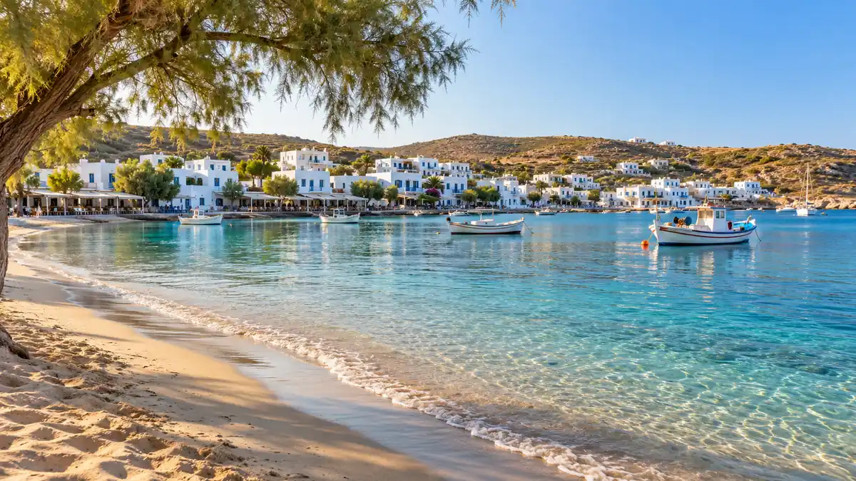 A tamarisk shades a sandy beach overlooking small fishing boats and white waterfront buildings in Pollonia, Milos.