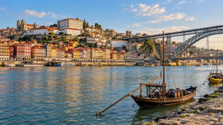 Home 12 A wooden rabelo boat on the Douro River faces Porto’s colorful Ribeira waterfront and Dom Luis I Bridge.