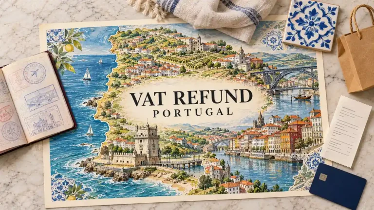 Portugal map flatlay with VAT Refund heading, open passport, shopping bag, receipt and payment card.