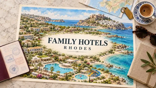 Best Family Hotels in Rhodes, Matched to Your Children's Ages 11 Watercolor Rhodes coast with beachfront accommodation, pools and waterslides, framed by a passport, room key and travel-planning objects.