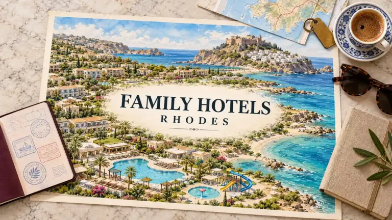 Watercolor Rhodes coast with beachfront accommodation, pools and waterslides, framed by a passport, room key and travel-planning objects.