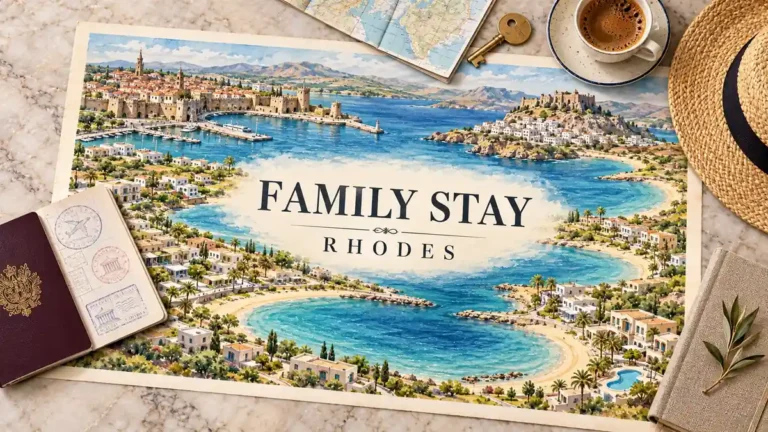 Watercolor Rhodes coastal villages with sandy bays, waterfront paths and a pool, framed by a passport, room key, sunhat and map.
