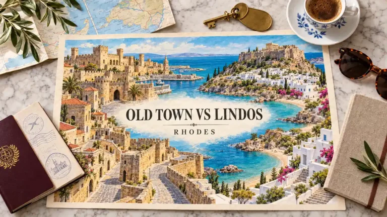 Watercolor comparison of Rhodes Old Town's medieval walls and Lindos's whitewashed village and bays, framed by travel-planning objects.