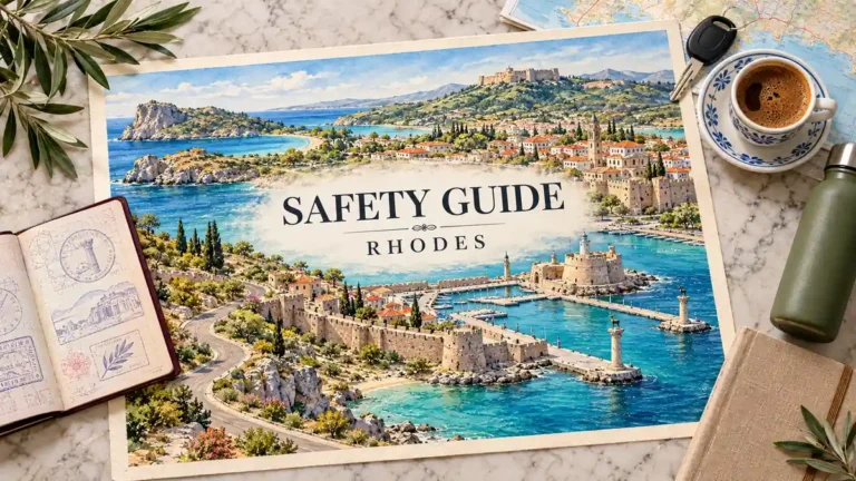 Watercolor Rhodes scene with medieval walls, a harbor and coastal road, framed by a passport, car key, water bottle and planning objects.