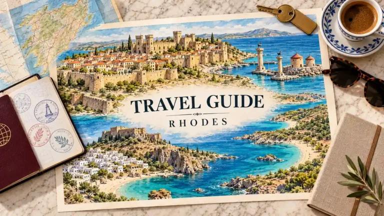 Watercolor Rhodes map-poster with medieval walls, Lindos Acropolis and turquoise bays, framed by a passport and travel-planning objects.