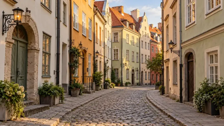 Planning a Trip to Riga: Is It Worth It and How Long to Stay 9 Pastel merchant houses and cobblestones along a narrow lane in Riga Old Town.