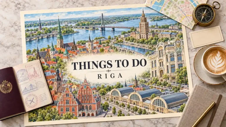 Illustrated Riga map with Old Town spires, Art Nouveau facades and market halls beside a passport and sightseeing accessories.
