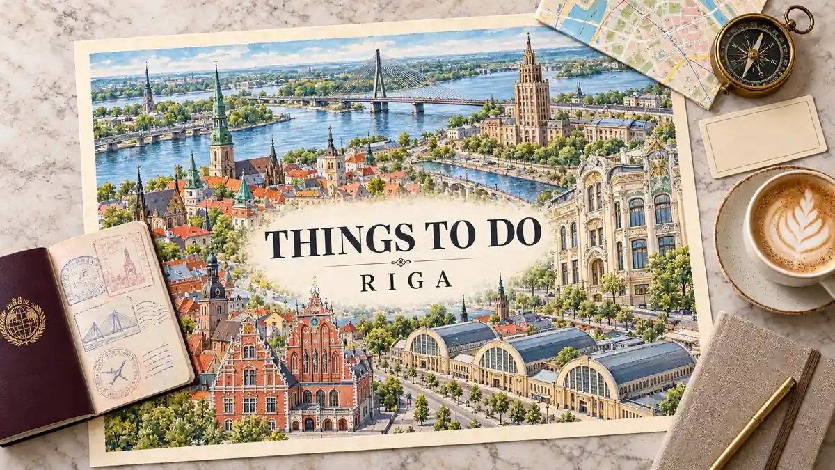Things to Do in Riga: Old Town, Art Nouveau and Soviet-Era Picks 2 Illustrated Riga map with Old Town spires, Art Nouveau facades and market halls beside a passport and sightseeing accessories.