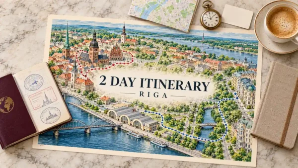 Riga Itinerary: 2 Days on Foot, Old Town to Art Nouveau 10 Illustrated Riga route map linking Old Town spires, market halls and Art Nouveau streets, with a passport and walking itinerary accessories.