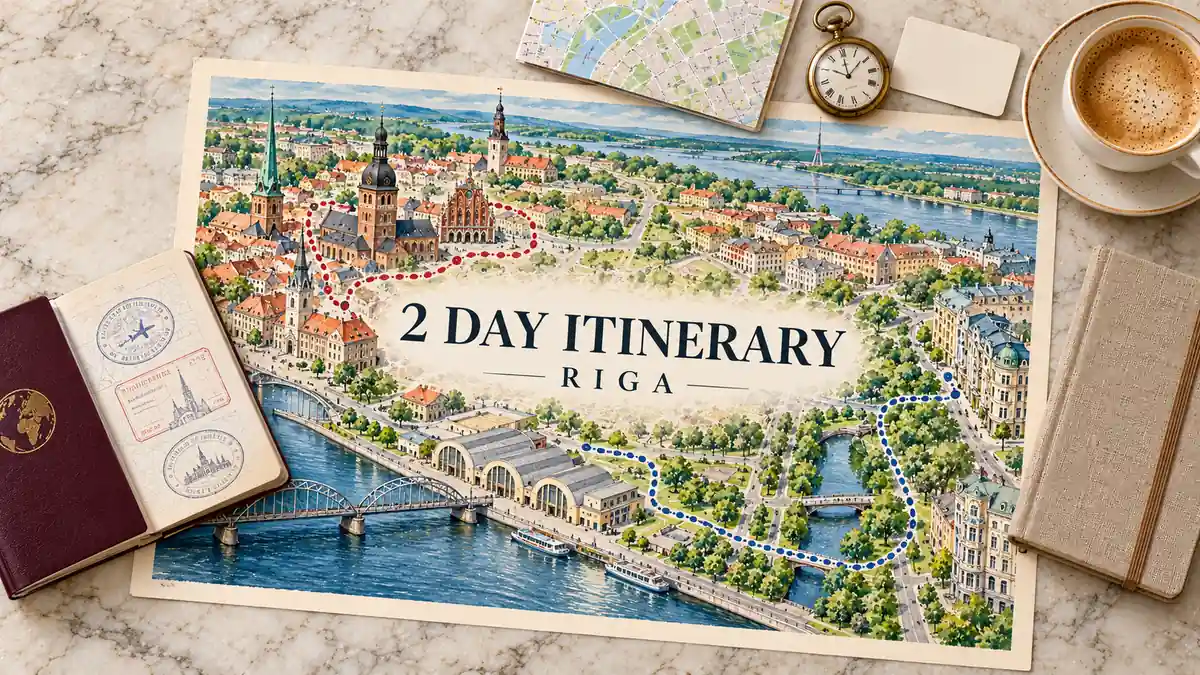 Riga Itinerary: 2 Days on Foot, Old Town to Art Nouveau 2 Illustrated Riga route map linking Old Town spires, market halls and Art Nouveau streets, with a passport and walking itinerary accessories.