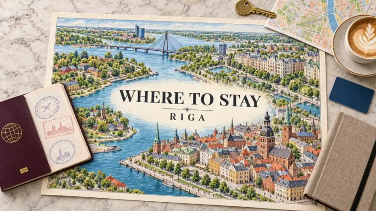 Riga neighborhood map showing the Daugava, historic centre and leafy residential streets, with a passport, room key and planning accessories.