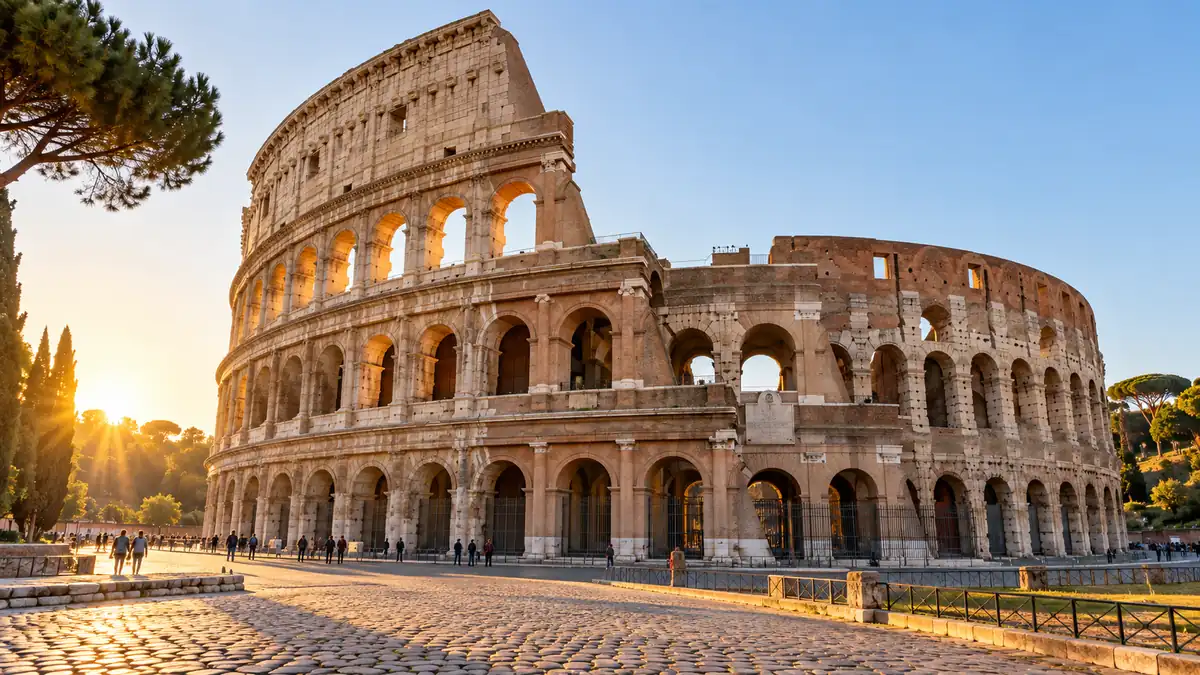 Home 21 Warm morning light on the Colosseum arches beside a stone-paved walkway in Rome
