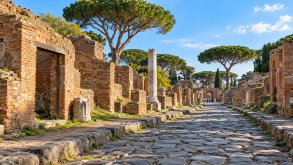 Travel to Rome Region, Italy: Best Day Trips From Rome 9 Stone paving, weathered brick ruins and umbrella pines in a representation of Ostia Antica near Rome.