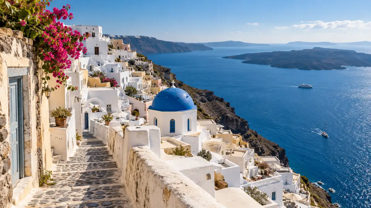 Home 25 Whitewashed buildings and a blue church dome above the deep blue Santorini caldera in Oia