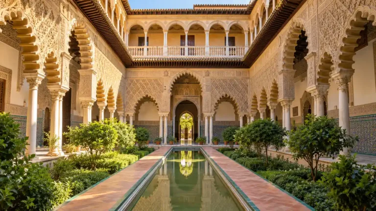 Carved arches and tiled galleries surround a reflecting pool and gardens at Seville's Real Alcazar.