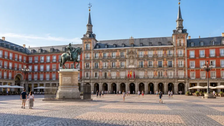 Visitors cross Madrid's Plaza Mayor beside the equestrian statue and frescoed Casa de la Panaderia.