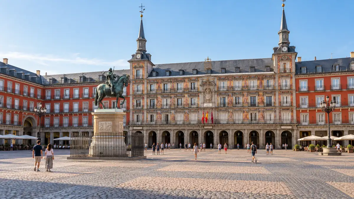 Visitors cross Madrid's Plaza Mayor beside the equestrian statue and frescoed Casa de la Panaderia.