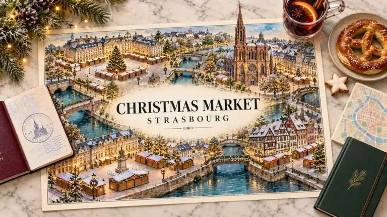 Home 2 Illustrated Strasbourg map with cathedral, decorated fir, wooden chalets and canals, beside a passport, vin chaud, pretzel, biscuit, walking card and notebook.