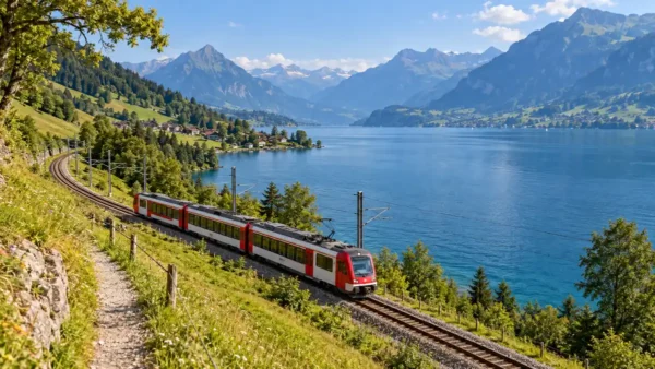 Is the Swiss Travel Pass Worth It, and Which Version to Buy? 10 Red-and-white regional train beside a blue lake and wooded mountains in Switzerland
